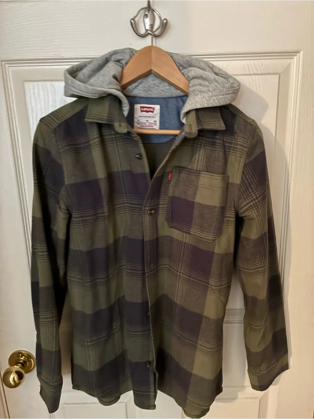 Levi's Green and Gray Plaid Hooded Button-Down Shirt